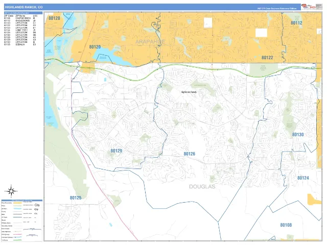 Highlands Ranch, CO ZIP Code Wall Map, Business Reference style