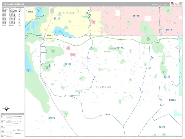Highlands Ranch, CO ZIP Code Wall Map, Classic style