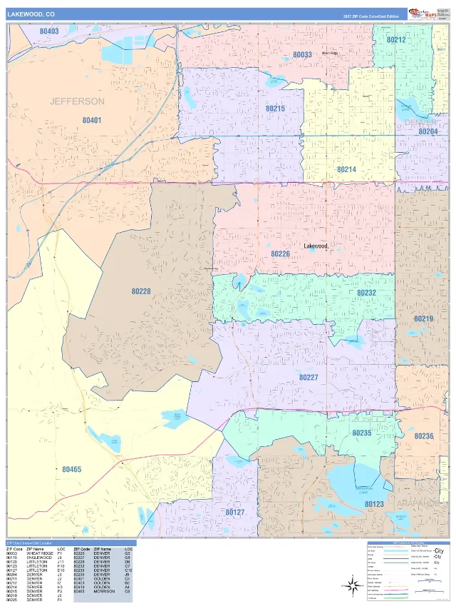 Lakewood, CO ZIP Code Wall Map, ColorCast style