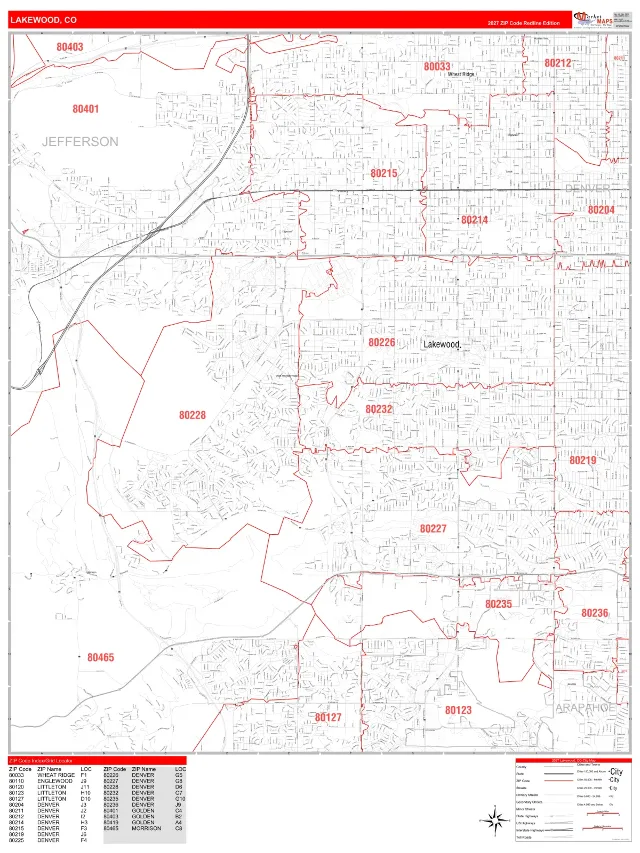 Lakewood, CO ZIP Code Wall Map, RedLine style