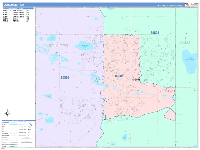 Longmont, CO ZIP Code Wall Map, ColorCast style