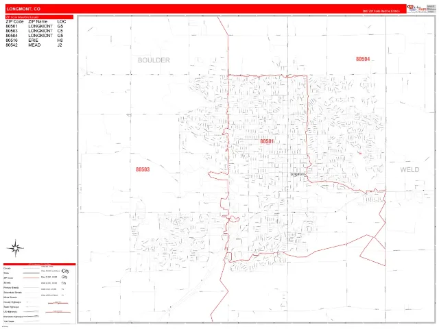 Longmont, CO ZIP Code Wall Map, RedLine style