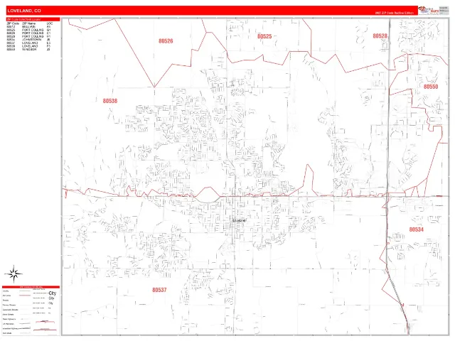Loveland, CO ZIP Code Wall Map, RedLine style