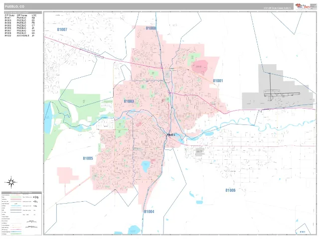 Pueblo, CO ZIP Code Wall Map, Classic style