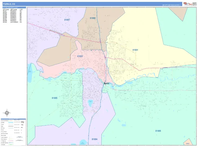 Pueblo, CO ZIP Code Wall Map, ColorCast style