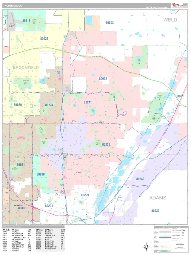 Thornton, CO ZIP Code Wall Map, Classic style