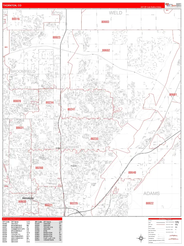 Thornton, CO ZIP Code Wall Map, RedLine style