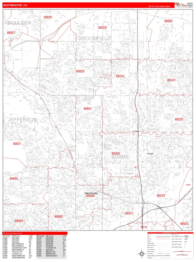 Westminster, CO ZIP Code Wall Map, RedLine style
