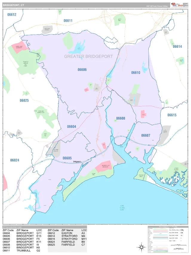 Bridgeport, CT ZIP Code Wall Map, Classic style