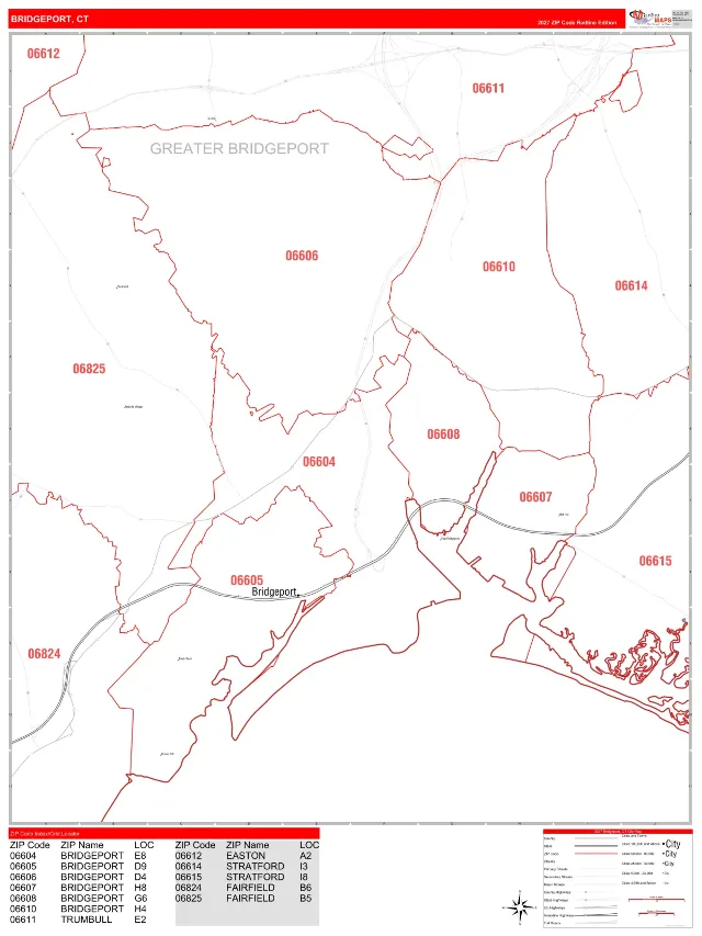 Bridgeport, CT ZIP Code Wall Map, RedLine style