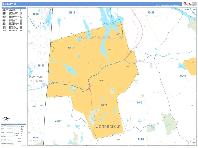 Danbury, CT ZIP Code Wall Map, Business Reference style