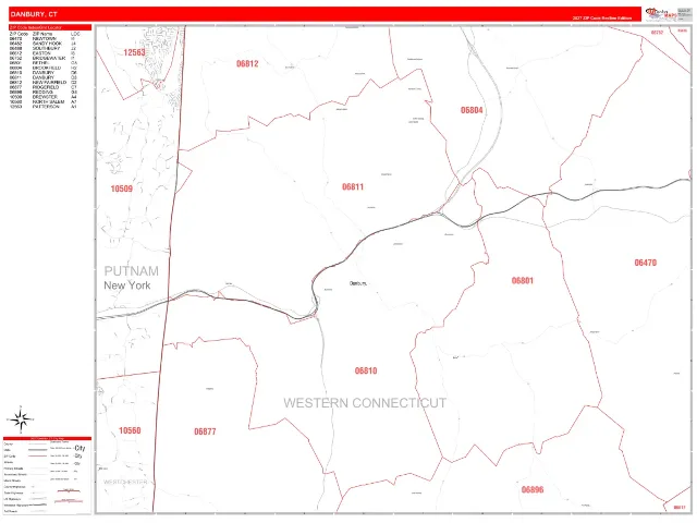 Danbury, CT ZIP Code Wall Map, RedLine style