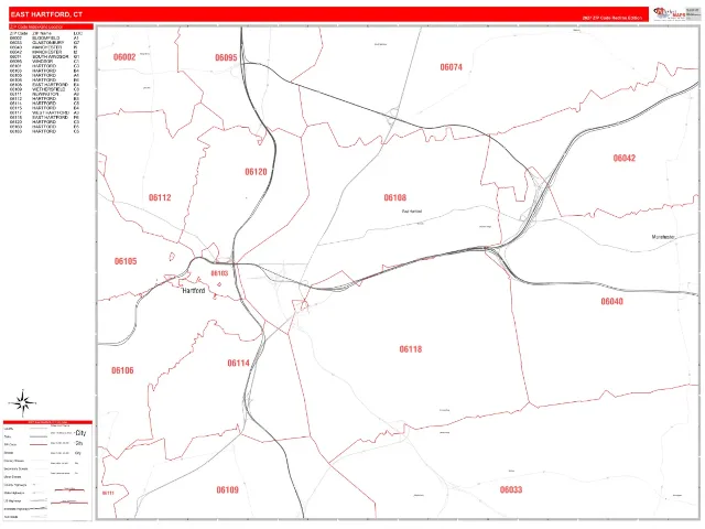 East Hartford, CT ZIP Code Wall Map, RedLine style
