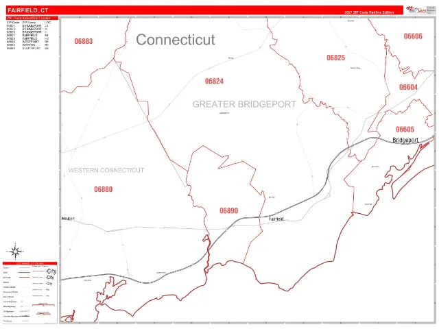 Fairfield, CT ZIP Code Wall Map, RedLine style
