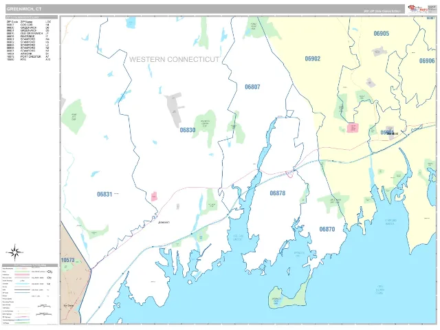 Greenwich, CT ZIP Code Wall Map, Classic style
