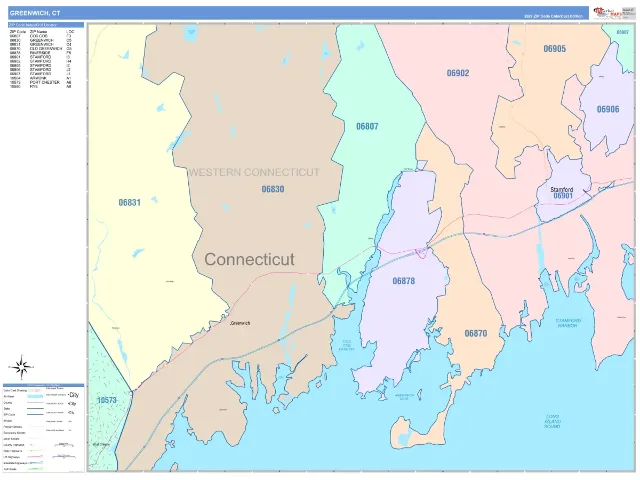 Greenwich, CT ZIP Code Wall Map, ColorCast style