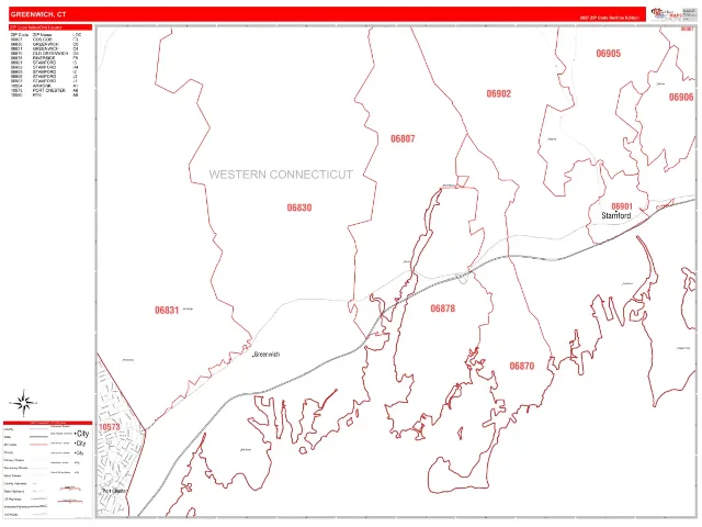 Greenwich, CT ZIP Code Wall Map, RedLine style