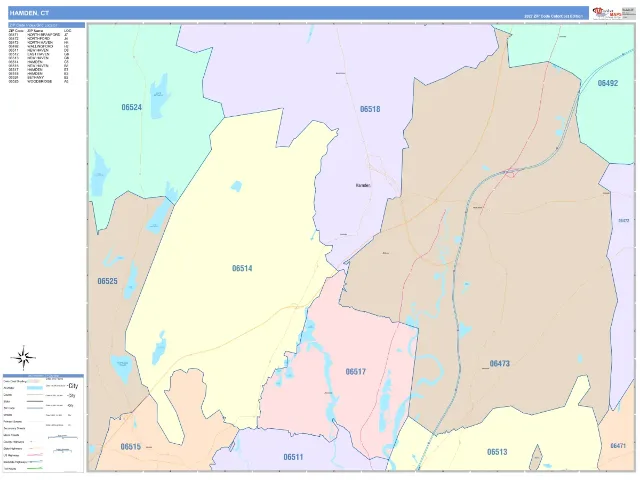 Hamden, CT ZIP Code Wall Map, ColorCast style