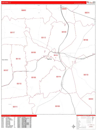 Hartford, CT RedLine style ZIP Code wall map