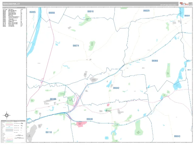Manchester, CT ZIP Code Wall Map, Classic style
