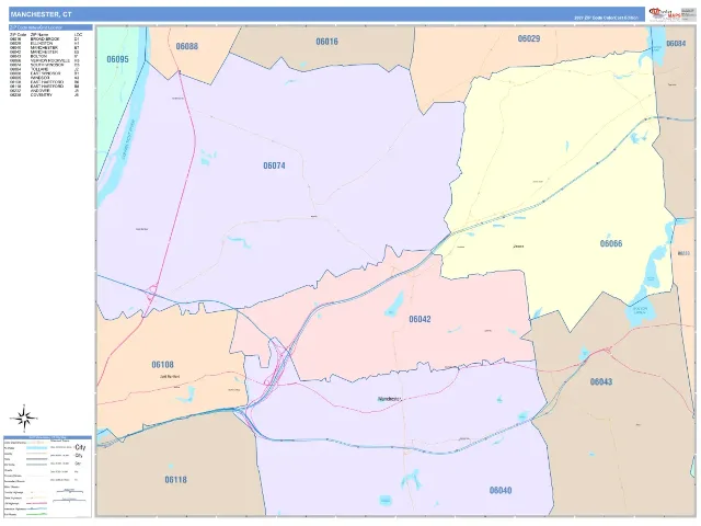 Manchester, CT ZIP Code Wall Map, ColorCast style