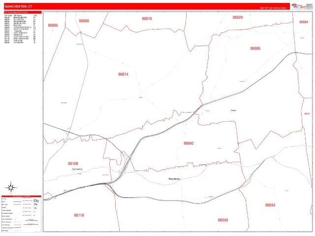 Manchester, CT ZIP Code Wall Map, RedLine style