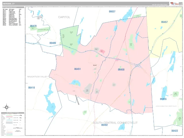 Meriden, CT ZIP Code Wall Map, Classic style