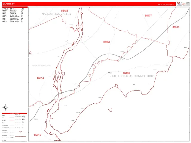 Milford, CT ZIP Code Wall Map, RedLine style