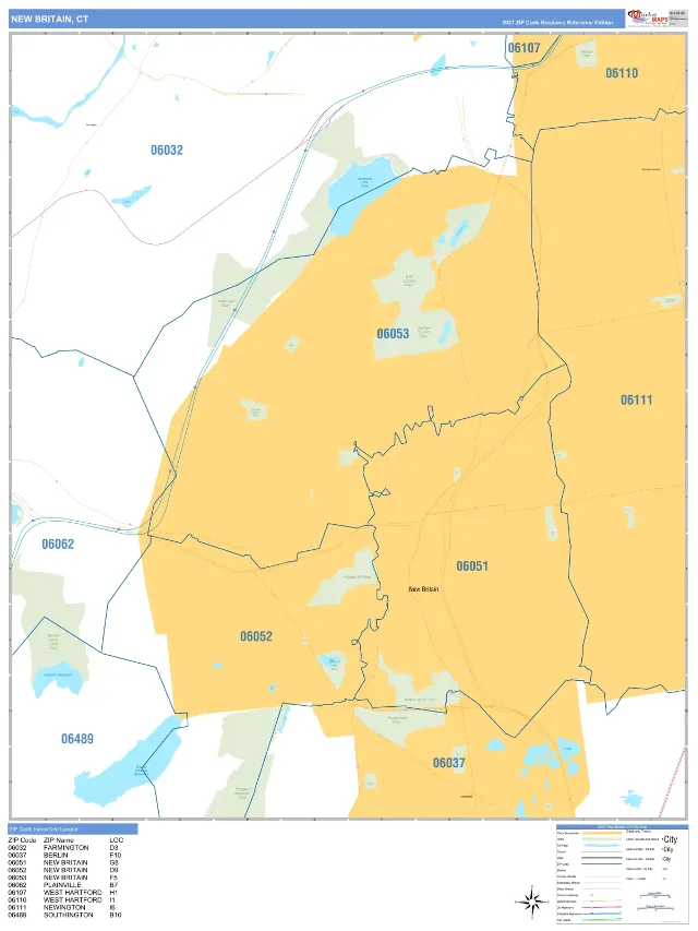 New Britain, CT ZIP Code Wall Map, Business Reference style