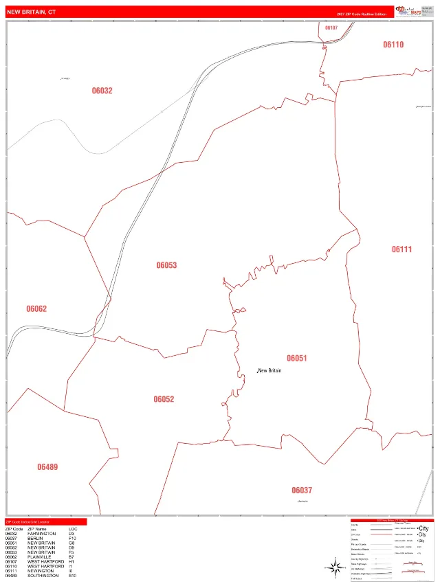 New Britain, CT ZIP Code Wall Map, RedLine style