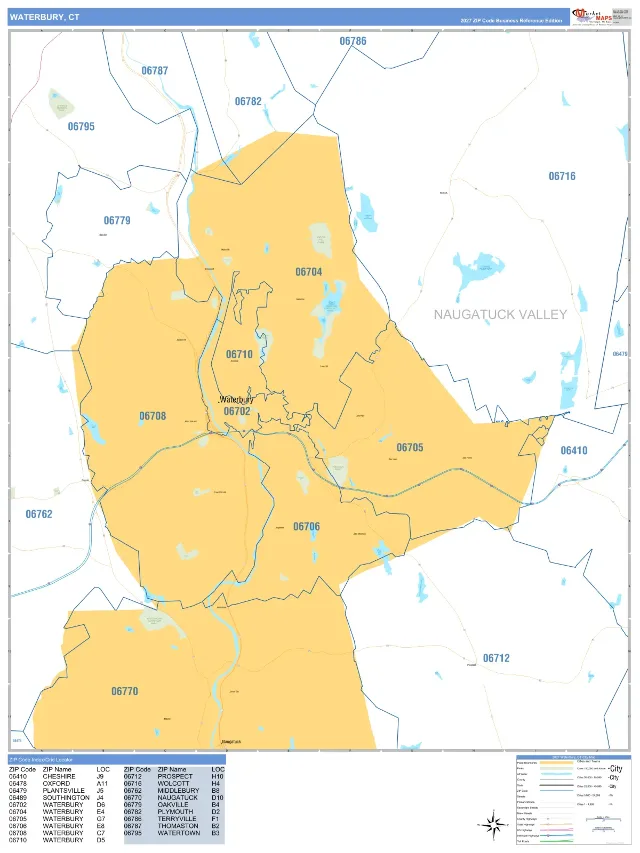 Waterbury, CT ZIP Code Wall Map, Business Reference style