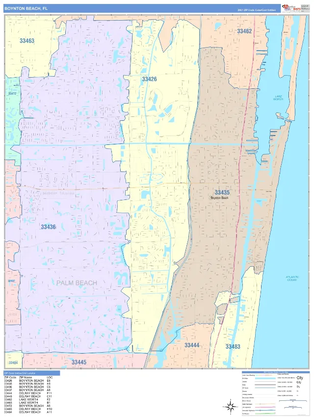 Boynton Beach, FL ZIP Code Wall Map, ColorCast style