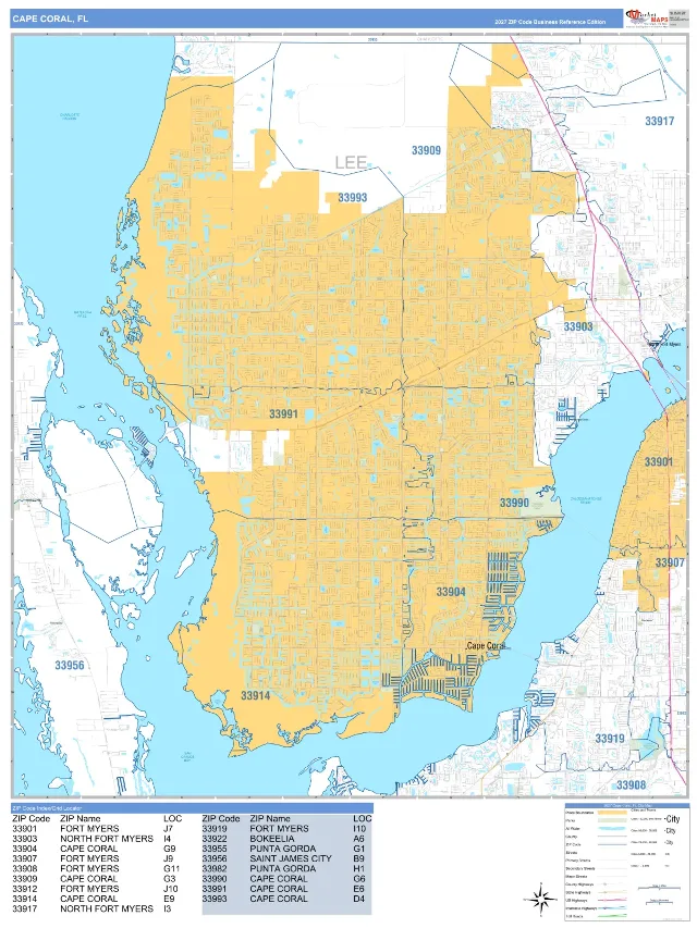 Cape Coral, FL ZIP Code Wall Map, Business Reference style