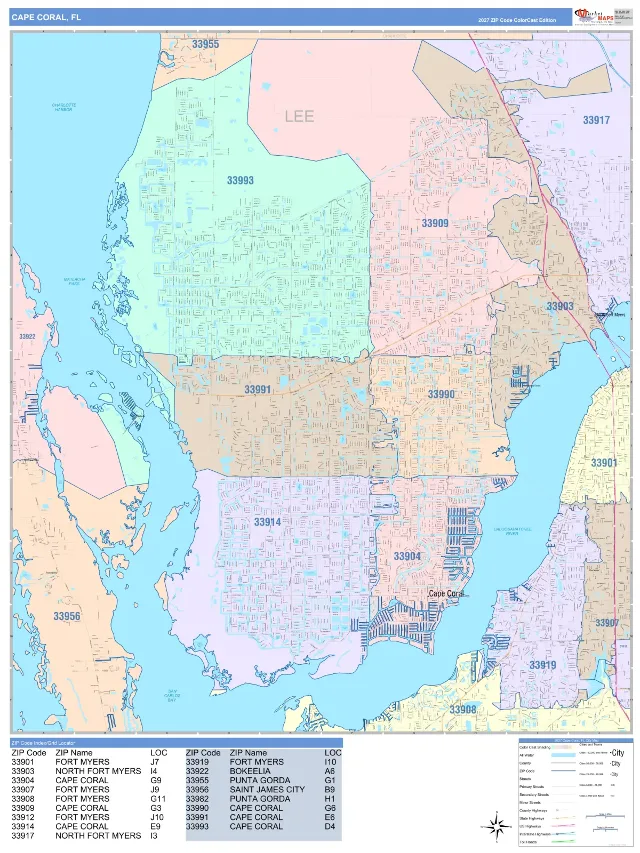 Cape Coral, FL ZIP Code Wall Map, ColorCast style
