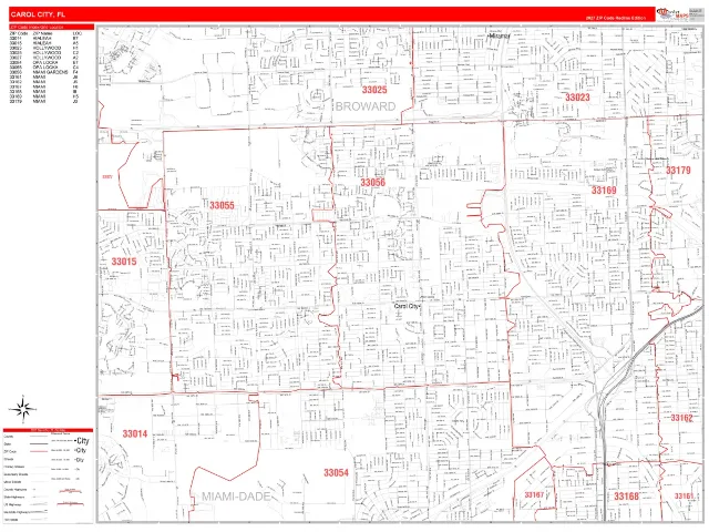 Carol City, FL ZIP Code Wall Map, RedLine style