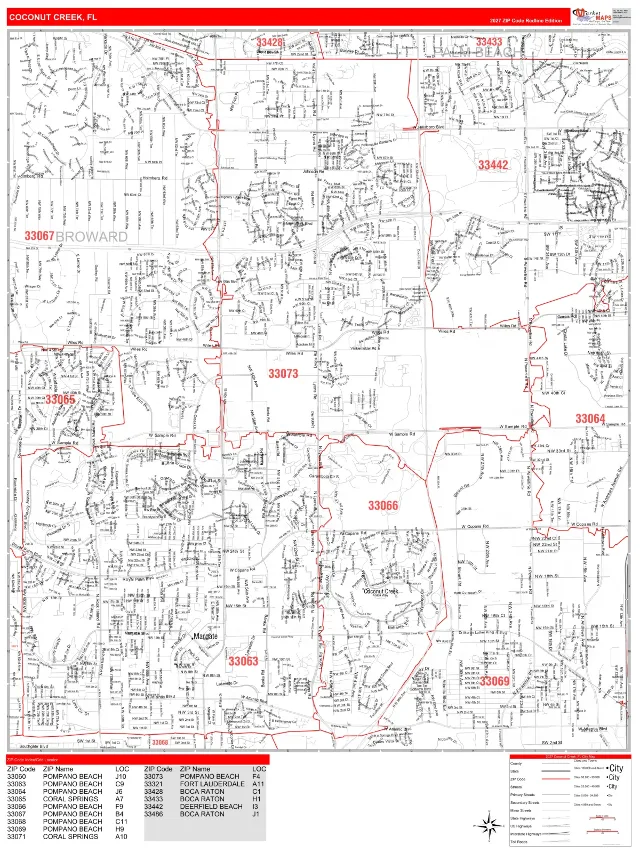 Coconut Creek, FL ZIP Code Wall Map, RedLine style