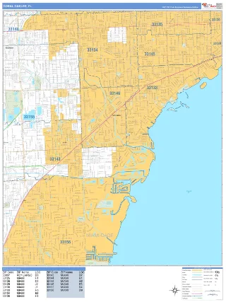 Coral Gables, FL Business Reference style ZIP Code wall map