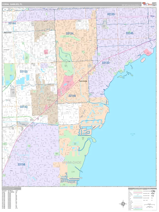 Coral Gables, FL ZIP Code Wall Map, Classic style