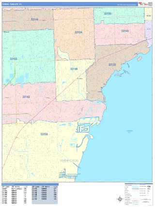 Coral Gables, FL ColorCast style ZIP Code wall map