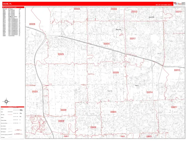 Davie, FL ZIP Code Wall Map, RedLine style
