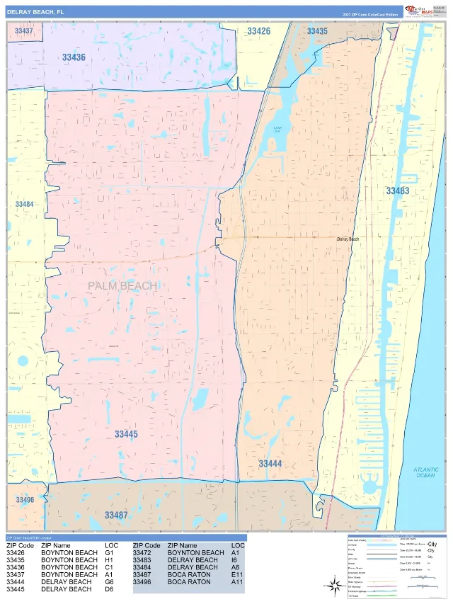 Delray Beach, FL ZIP Code Wall Map, ColorCast style