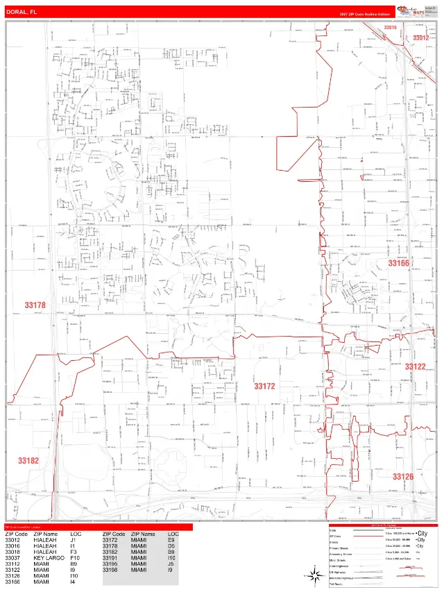 Doral, FL ZIP Code Wall Map, RedLine style