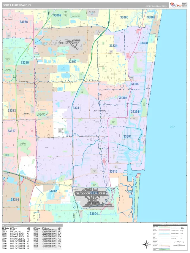 Fort Lauderdale, FL ZIP Code Wall Map, Classic style