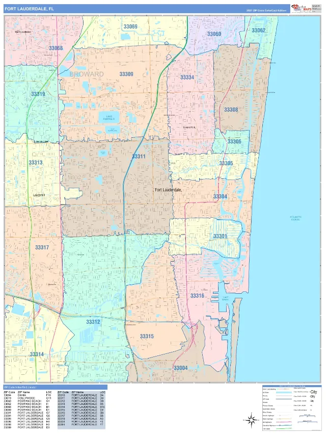 Fort Lauderdale, FL ZIP Code Wall Map, ColorCast style