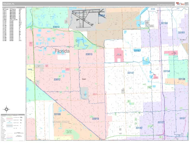 Hialeah, FL ZIP Code Wall Map, Classic style