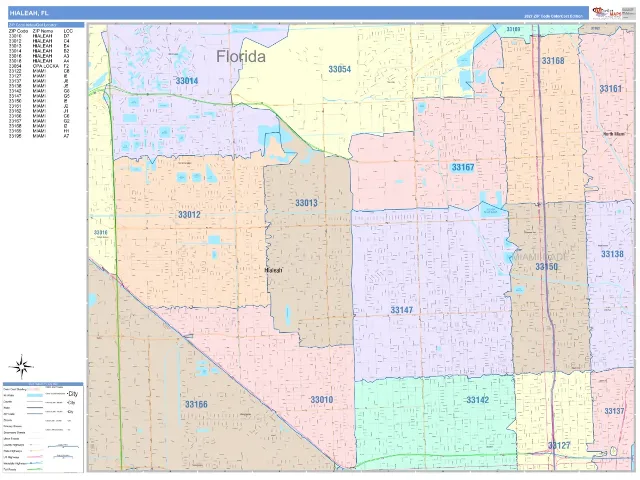 Hialeah, FL ZIP Code Wall Map, ColorCast style