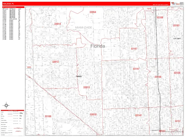Hialeah, FL ZIP Code Wall Map, RedLine style