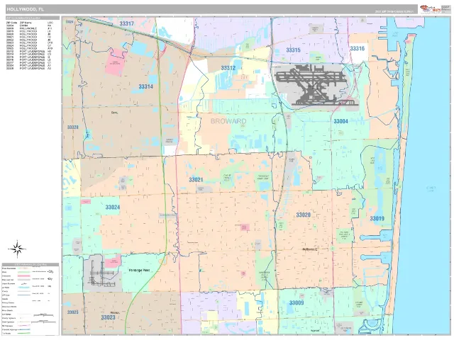 Hollywood, FL ZIP Code Wall Map, Classic style