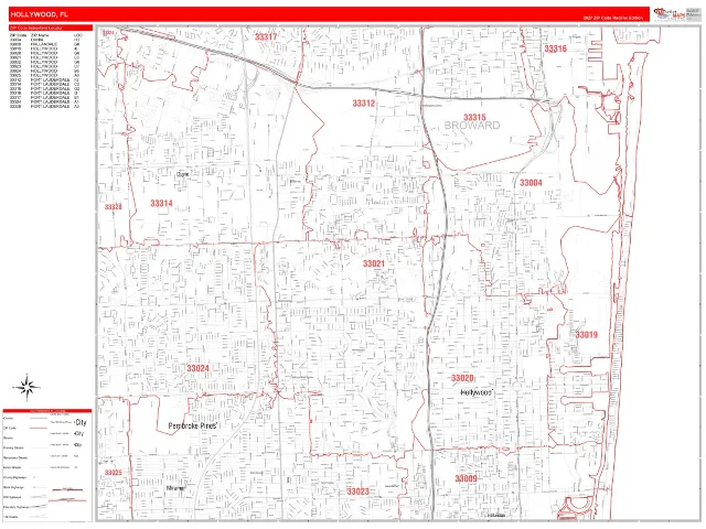 Hollywood, FL ZIP Code Wall Map, RedLine style