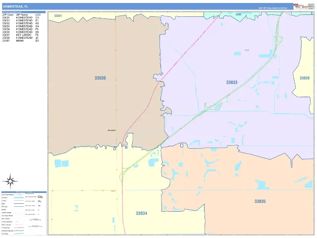 Homestead, FL ZIP Code Wall Map, ColorCast style